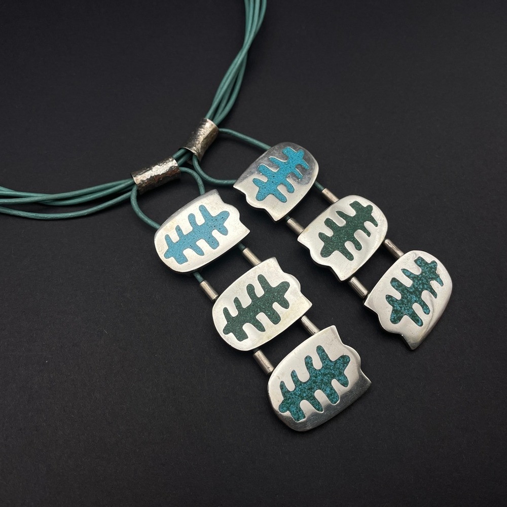 Manos Andinas Statement Necklace Sterling Turquoise Inlay Chilean Art Jewelry - Picture 5 of 13